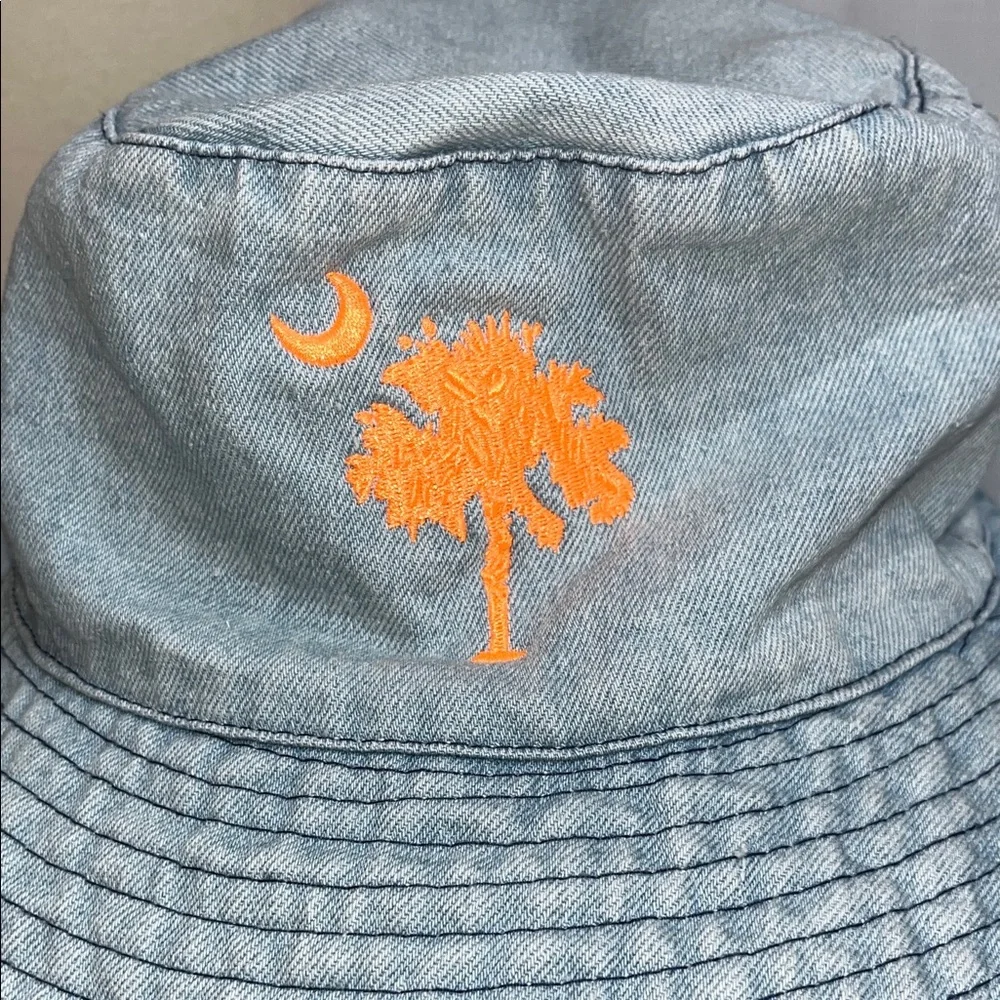 South Carolina Palmetto Tree Denim Bucket Hat Orange Embroidered Crescent Moon